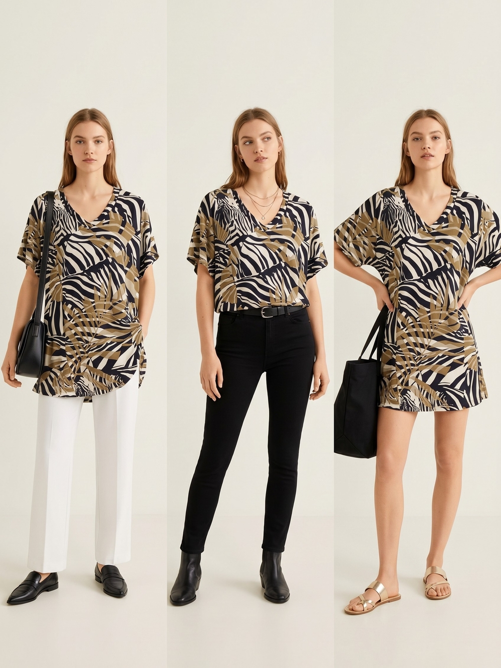 Attitudes by Renee V-Neck Jungle Zebra Print Tunic — Black & Tan